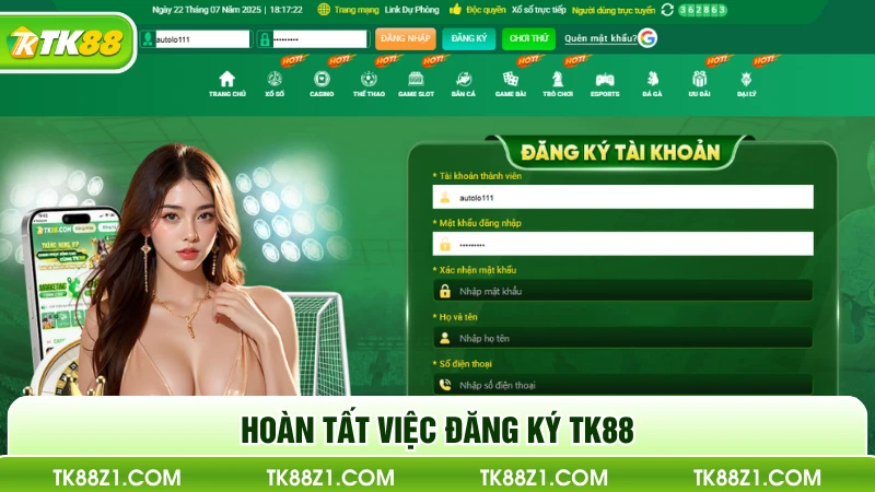 Hoàn tất việc đăng ký TK88