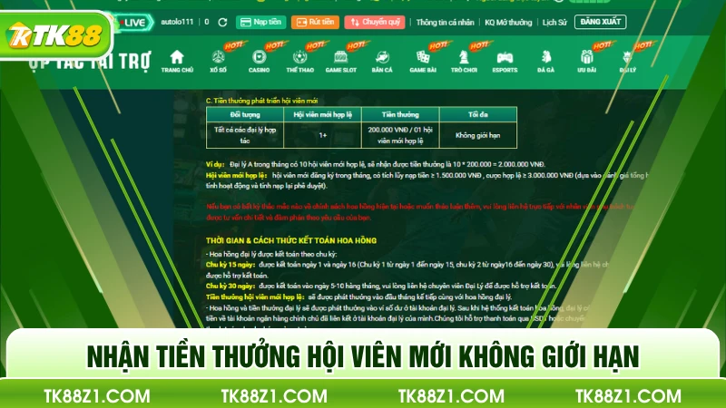 Nhận tiền thưởng hội viên mới không giới hạn
